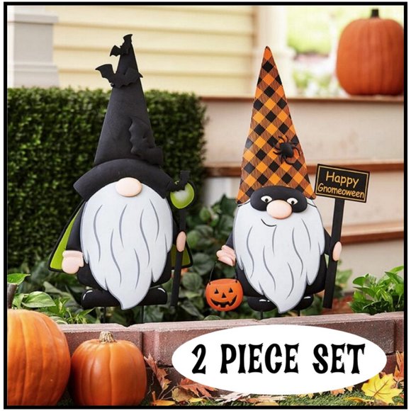 NEW 2 METAL HALLOWEEN GNOME YARD STAKES HALLOWEEN WALL DECOR 28" HIGH - Picture 1 of 3